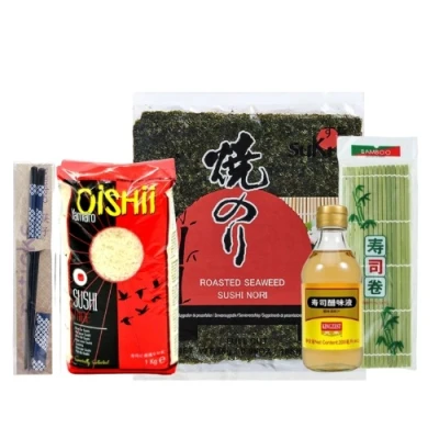Sushi set – riža za sushi 1kg, rižin ocat, nori alge, bambusova podloga i štapići za jelo