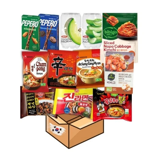 korea-box-ramen-kimchi-pepero-bundle.jpg Korean bundle with ramen noodles, kimchi and Pepero snacks